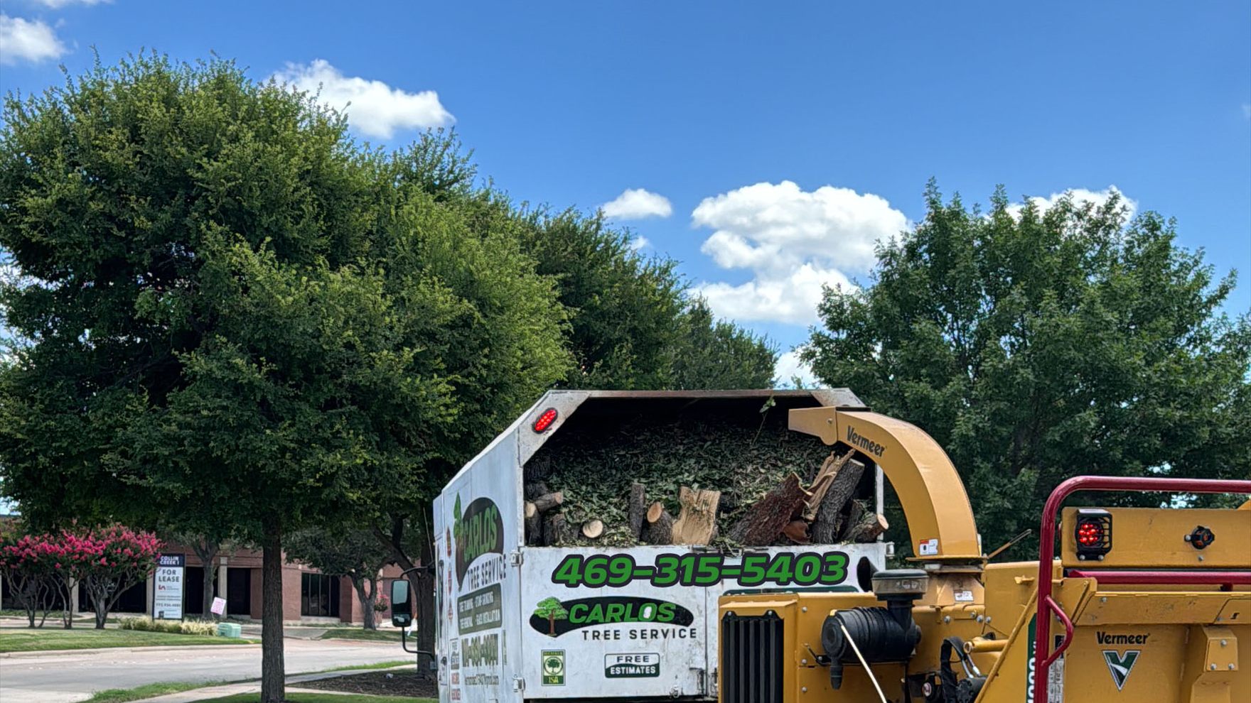 Carlos Jr. Tree Service truck loaded with logs beside a Vermeer chipper in Dallas, TX